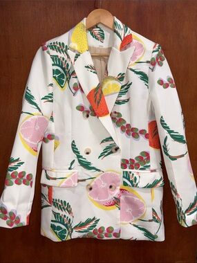 Women’s White Double-Breasted Fruit-Print Blazer